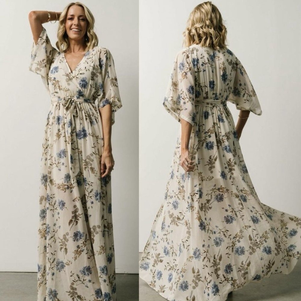 Baltic Born Cream Floral Maxi Dress with Blue and Brown Accents
